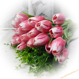 Tulipán plast, zel. list - červeno-bílý květ 