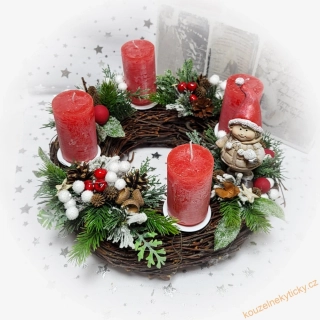 Adventní věnec  proutěný - červený s figurkou 